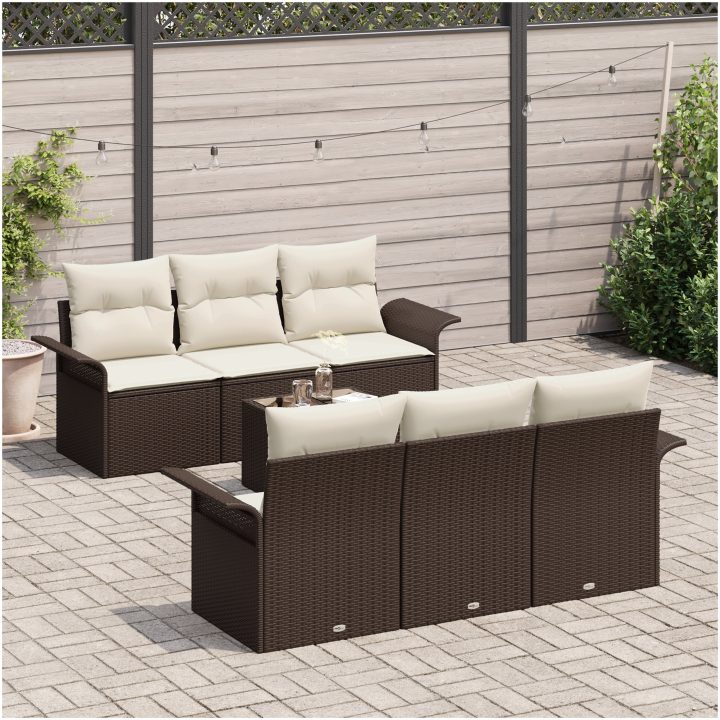 7-delars Trädgårdsoff Set med Kuddar Brun Poly Rattan vidaXL 55 x 55 x 37 cm – bild 3