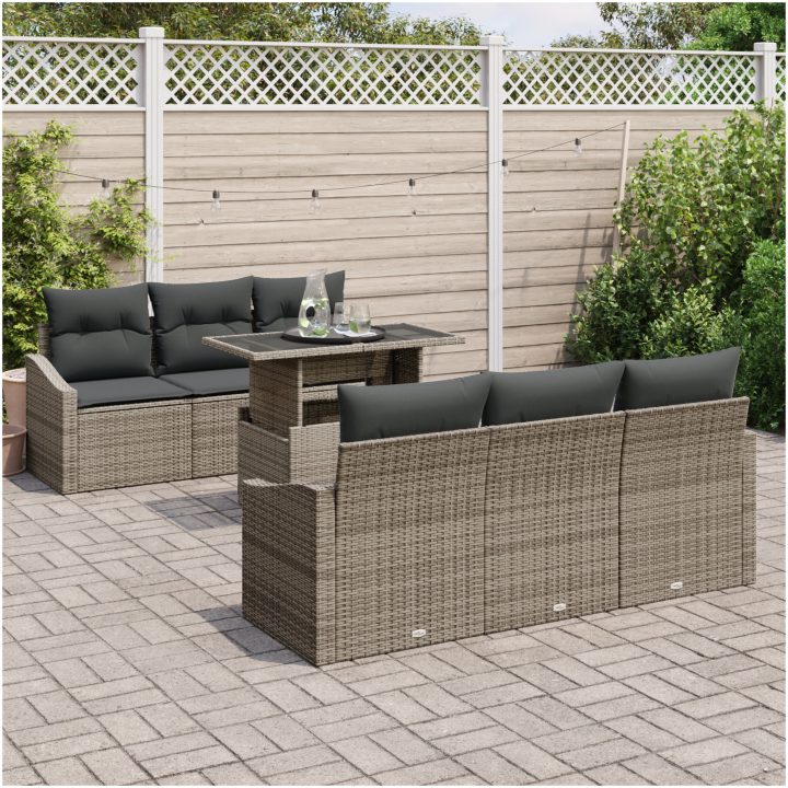 7-delars Trädgårdsoff Set med Kuddar Grå Poly Rattan vidaXL 100 x 55 x 73 cm – bild 3