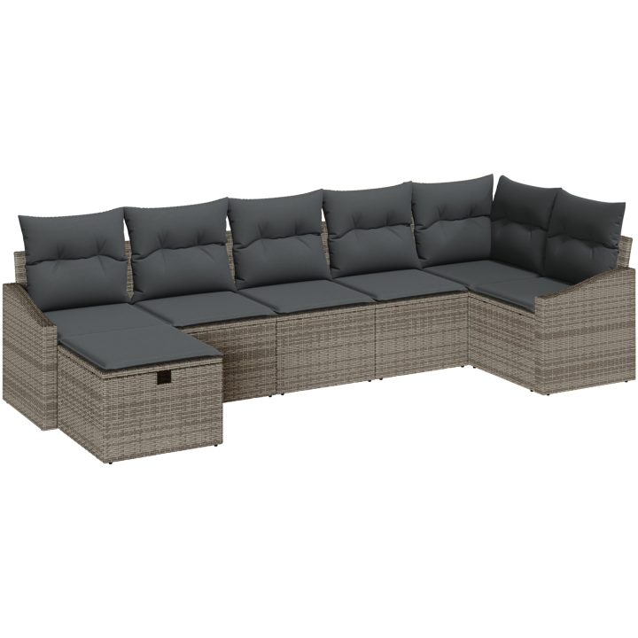7-delars trädgårdsoff-set med kuddar Grå Polyetenrotting vidaXL 55 x 62 x 69 cm – bild 2