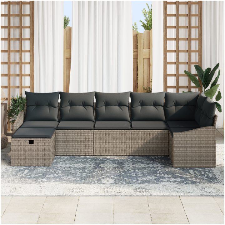7-delars trädgårdsoff-set med kuddar Grå Polyetenrotting vidaXL 55 x 62 x 69 cm – bild 3
