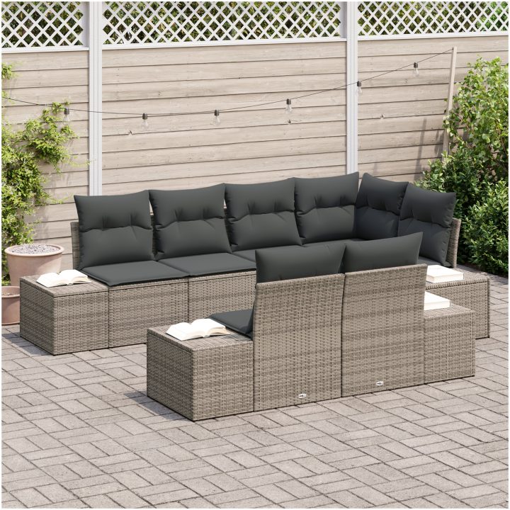 7-delars trädgårdsoff set med kuddar, grå polyrotting vidaXL 264 x 154 x 85 cm – bild 3