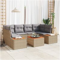 7-delars trädgårdsoff-set med Kuddar i Beige, Poly Rattan och Akacia vidaXL