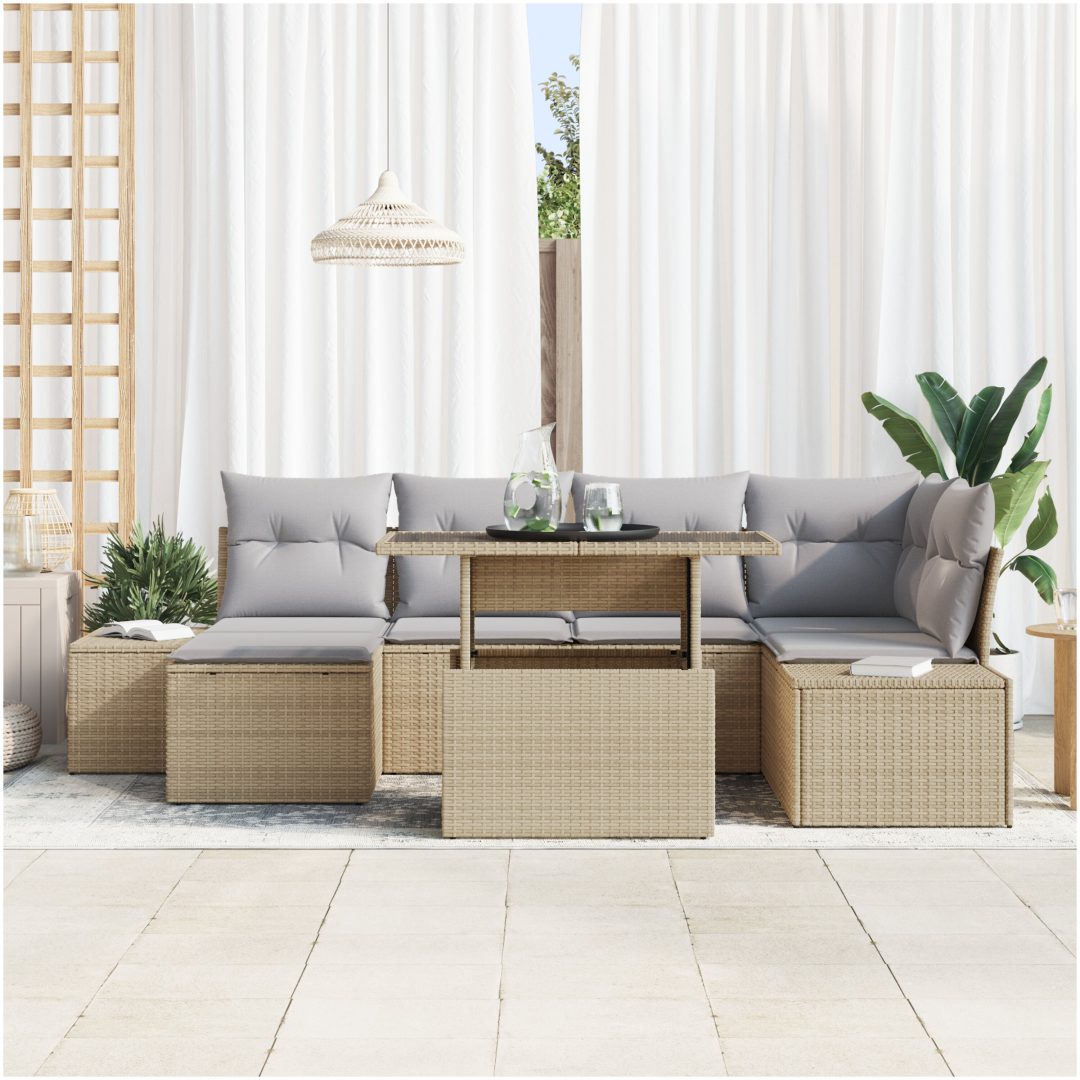 7-delars Trädgårdsoff Set med Kuddar i Beige Poly Rattan vidaXL 100 x 55 x 73 cm – bild 3