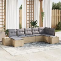 7-delars trädgårdsoff set med kuddar i beige poly rattan. vidaXL