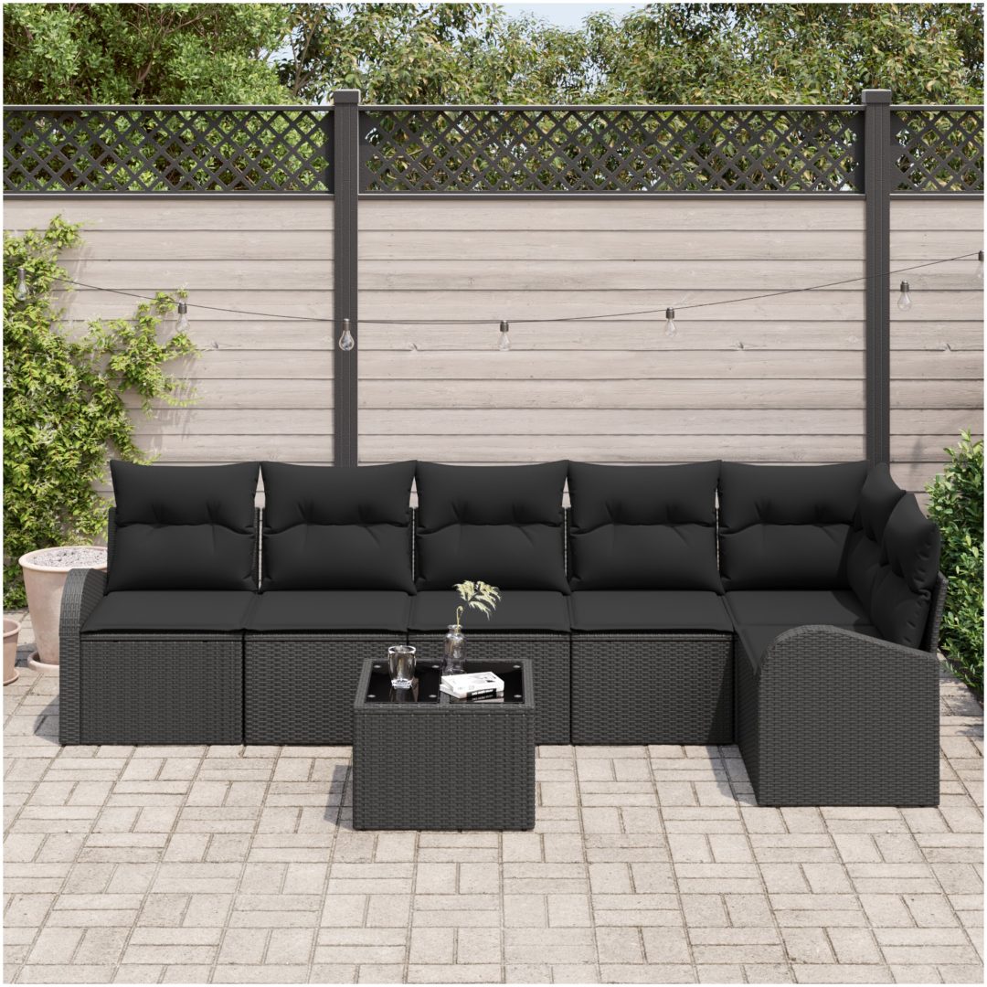 7-delars trädgårdsoff set med kuddar i beige polyrotting vidaXL Stor – bild 3