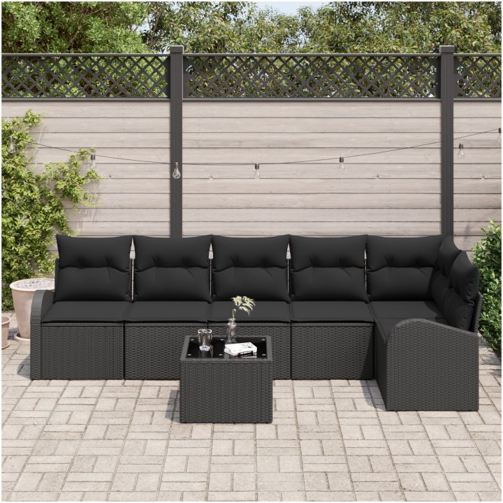 7-delars trädgårdsoff set med kuddar i beige polyrotting vidaXL Stor – bild 3
