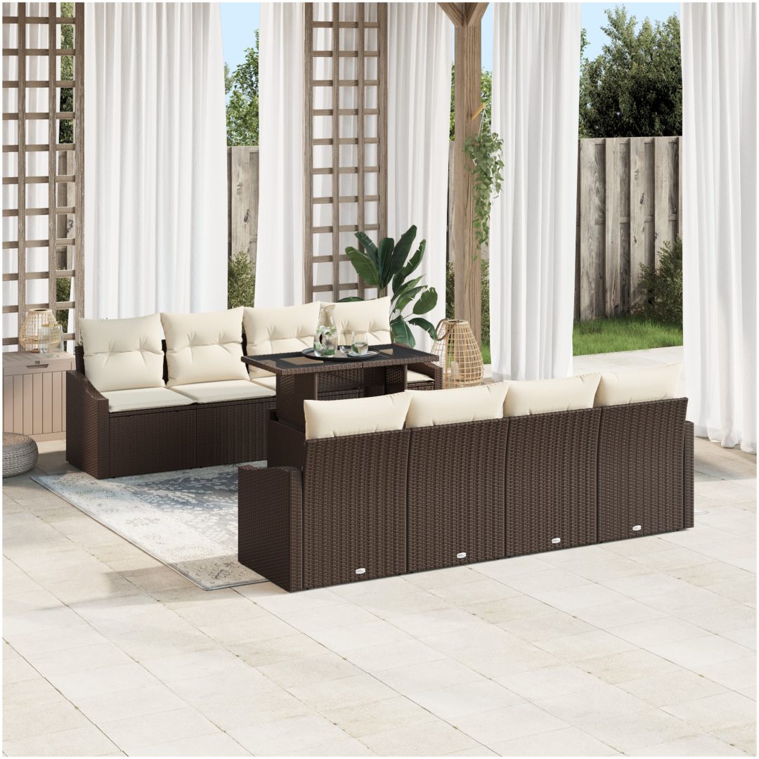 7-delars trädgårdsoff-set med kuddar i brun poly-rattan vidaXL 100 x 55 x 73 cm – bild 3
