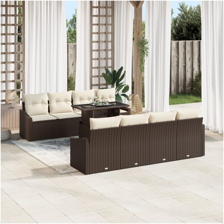 7-delars trädgårdsoff-set med kuddar i brun poly-rattan vidaXL 100 x 55 x 73 cm – bild 3