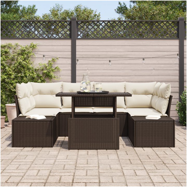 7-delars trädgårdsoff-set med kuddar i brun poly rattan vidaXL 100 x 55 x 73 cm – bild 3
