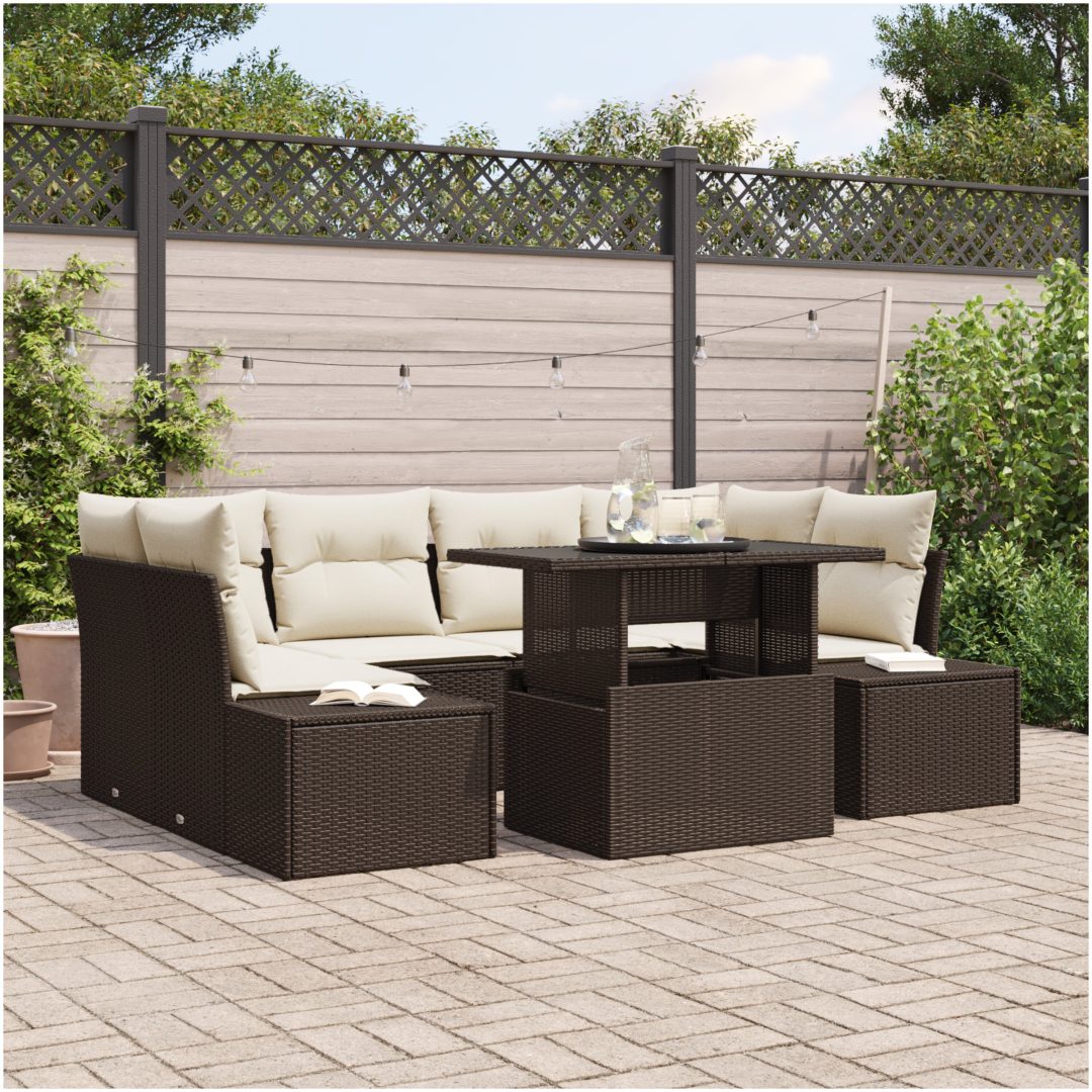 7-delars trädgårdsoff-set med kuddar i brun poly rattan vidaXL 100 x 55 x 73 cm