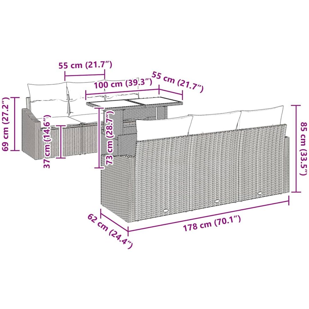 7-delars trädgårdsoff set med kuddar i brun poly-rattan vidaXL 100 x 55 x 73 cm – bild 10
