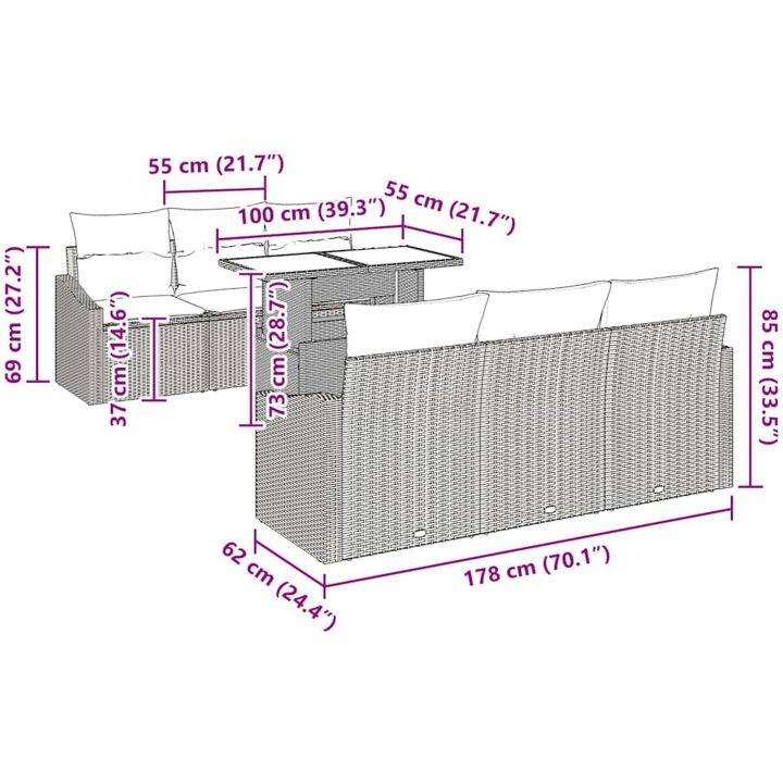 7-delars trädgårdsoff set med kuddar i brun poly-rattan vidaXL 100 x 55 x 73 cm – bild 10