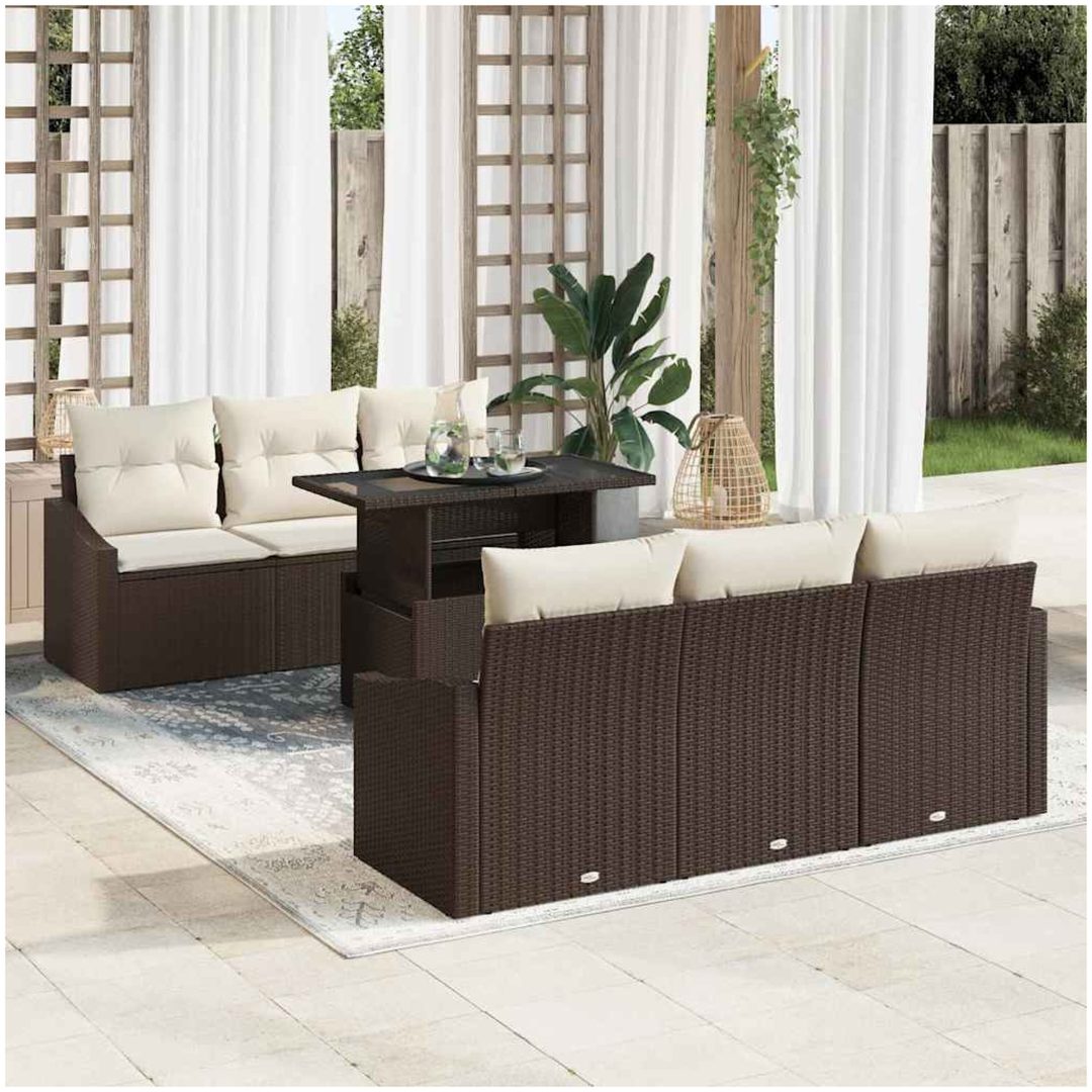 7-delars trädgårdsoff set med kuddar i brun poly-rattan vidaXL 100 x 55 x 73 cm