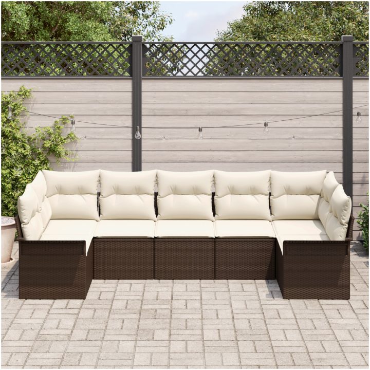 7-delars trädgårdsoff set med kuddar i brunt poly rattan vidaXL Stor – bild 3