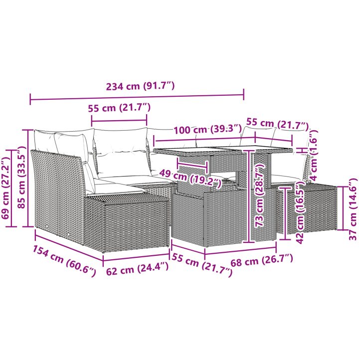 7 Delars Trädgårdsoff Set med Kuddar i Grå Poly Rattan vidaXL 100 x 55 x 73 cm – bild 11