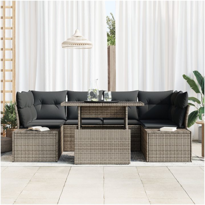 7 Delars Trädgårdsoff Set med Kuddar i Grå Poly Rattan vidaXL 100 x 55 x 73 cm – bild 3