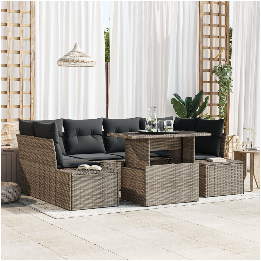 7 Delars Trädgårdsoff Set med Kuddar i Grå Poly Rattan vidaXL 100 x 55 x 73 cm