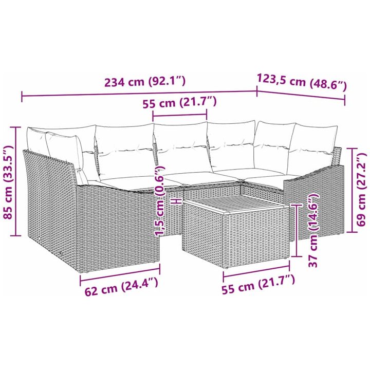7-delars Trädgårdsoff Set med Kuddar i Svart Poly Rattan och Akacia vidaXL 55 x 55 x 37 cm – bild 5