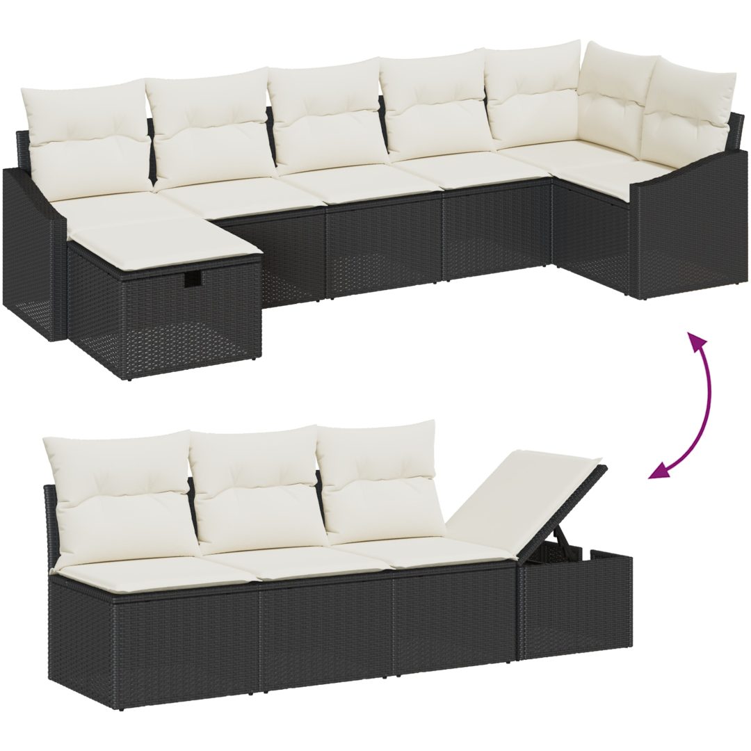 7-delars trädgårdsoff-set med kuddar i svart poly rattan vidaXL 288.5 x 123.5 x 85 cm – bild 11