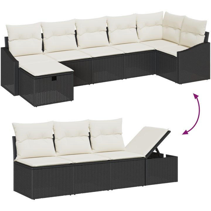 7-delars trädgårdsoff-set med kuddar i svart poly rattan vidaXL 288.5 x 123.5 x 85 cm – bild 11