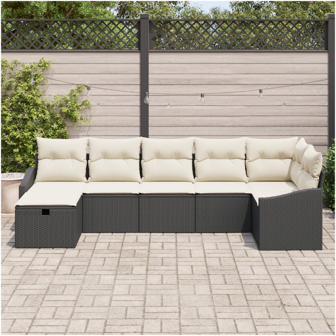7-delars trädgårdsoff-set med kuddar i svart poly rattan vidaXL 288.5 x 123.5 x 85 cm – bild 3
