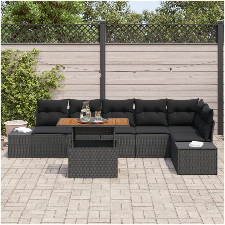 7-delars trädgårdsoff set med kuddar i svart polyrotting vidaXL 100 x 55 x 73 cm – bild 3