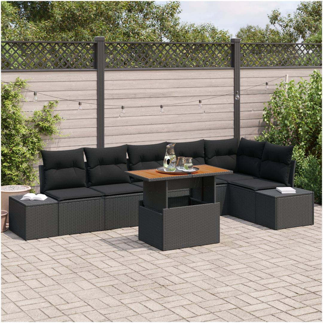 7-delars trädgårdsoff set med kuddar i svart polyrotting vidaXL 100 x 55 x 73 cm