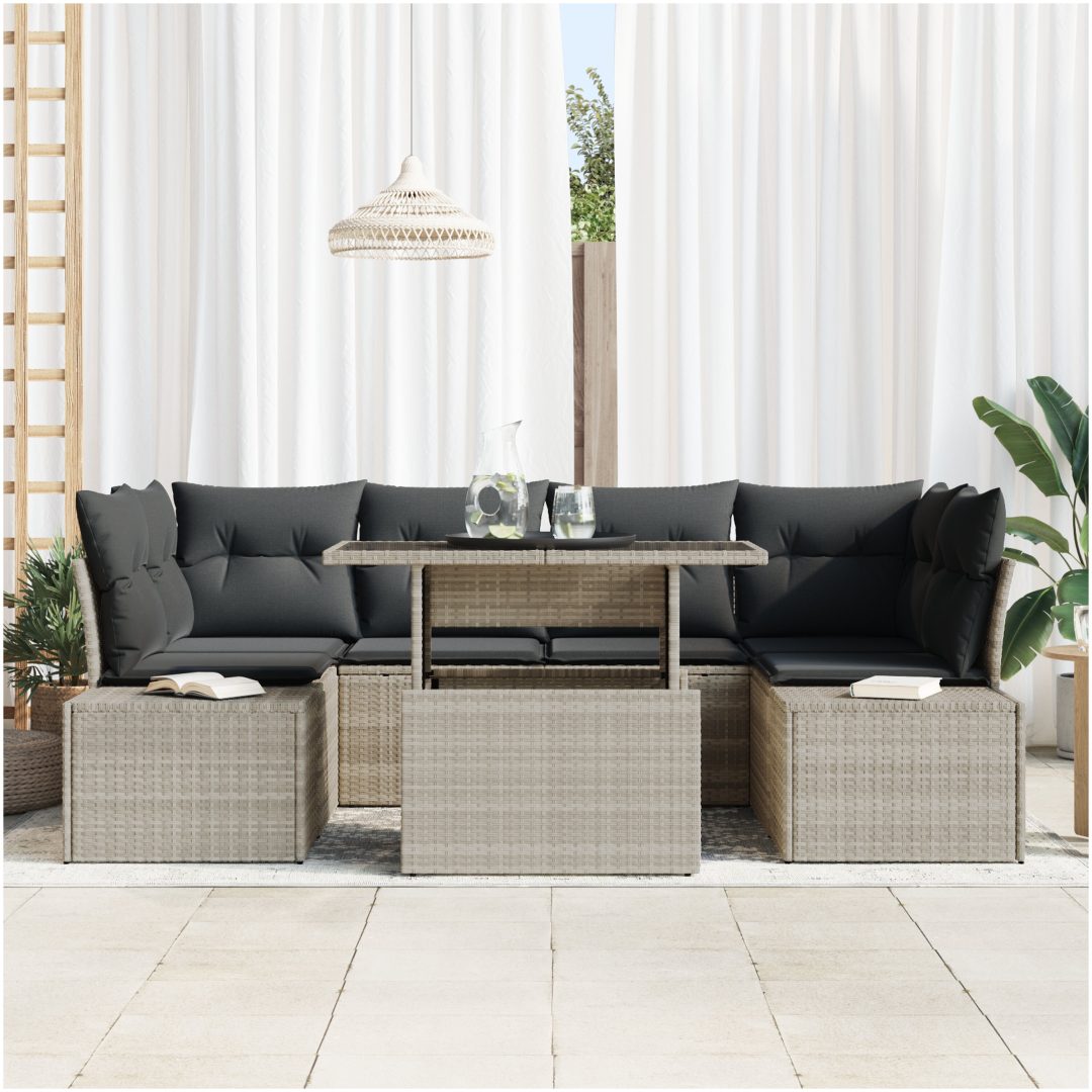 7-delars trädgårdsoff-set med kuddar Ljusgrå Poly Rattan vidaXL 100 x 55 x 73 cm – bild 3