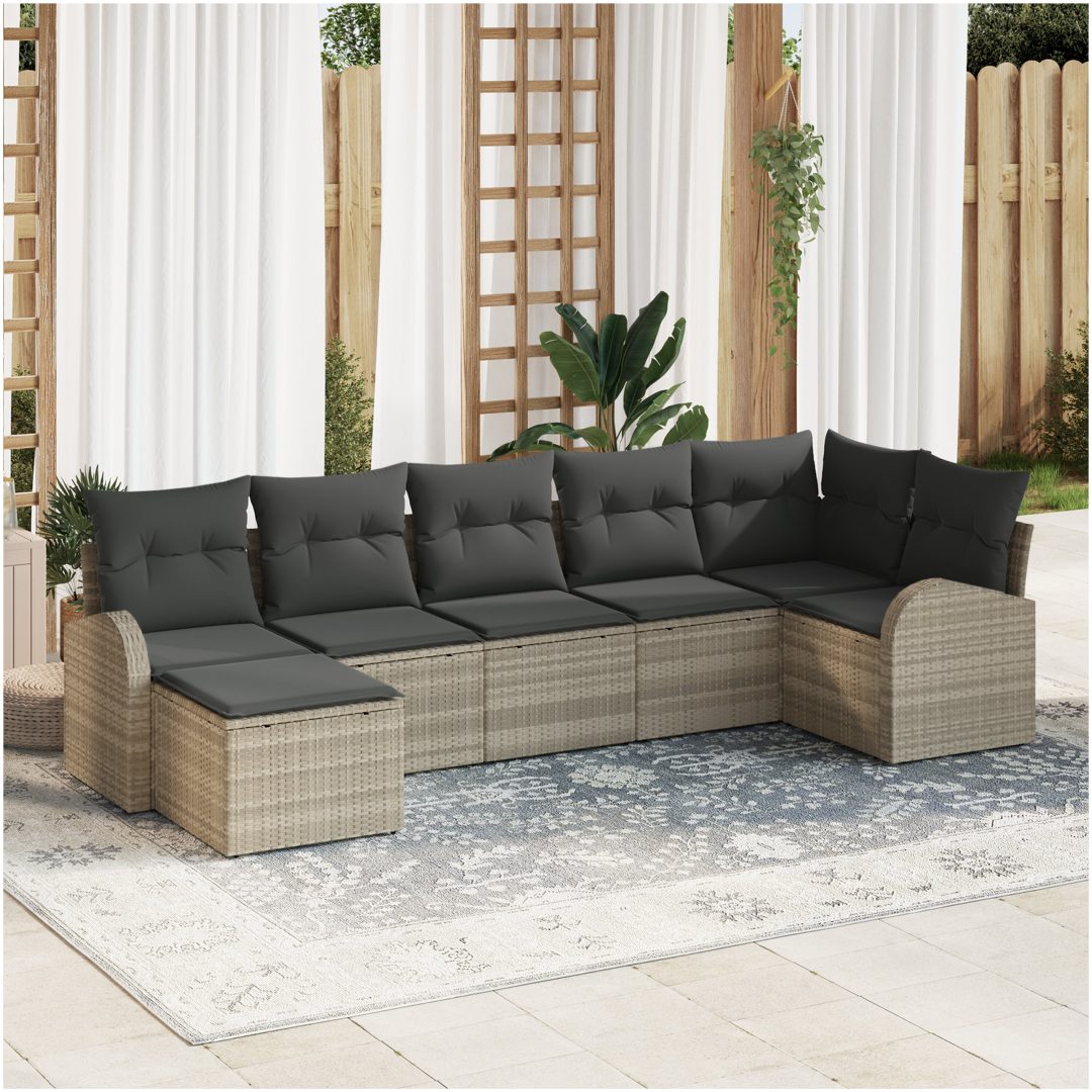 7 Delars Trädgårdsoff Set med Kuddar Ljusgrå Poly Rattan vidaXL 289 x 124 x 85 cm