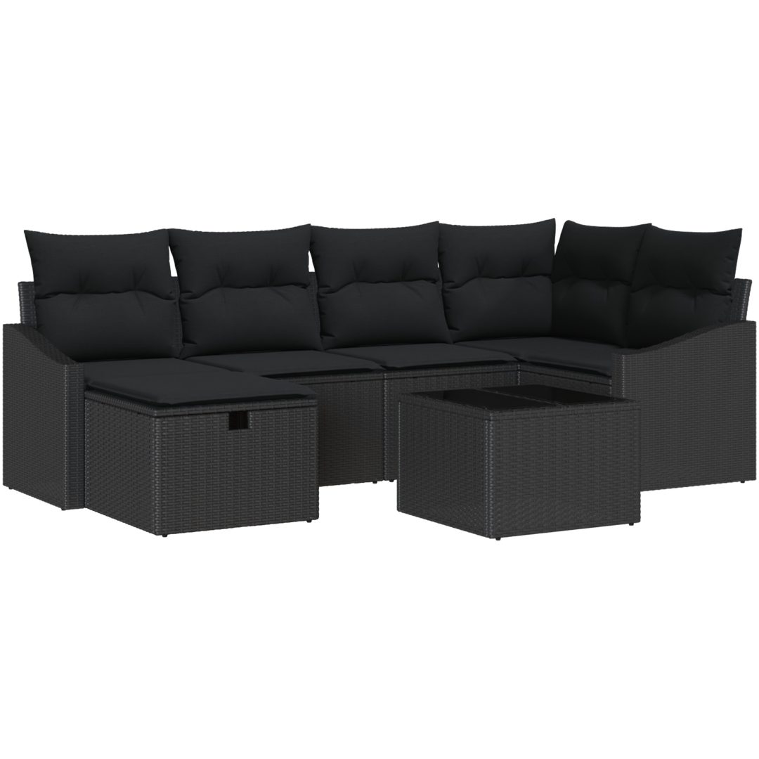 7-delars trädgårdsoff set med kuddar svart poly konstrotting vidaXL 55 x 55 x 37 cm – bild 2