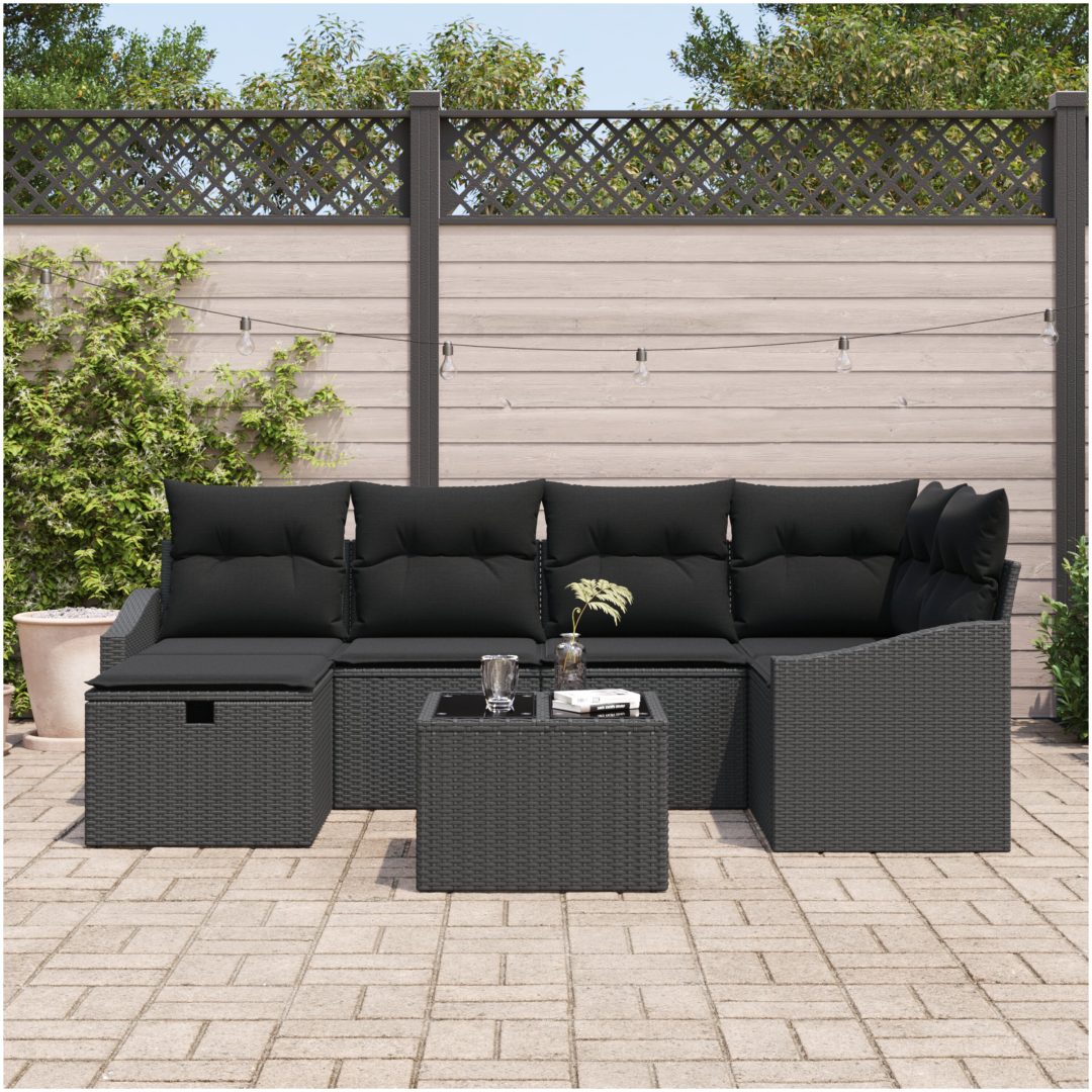 7-delars trädgårdsoff set med kuddar svart poly konstrotting vidaXL 55 x 55 x 37 cm – bild 3