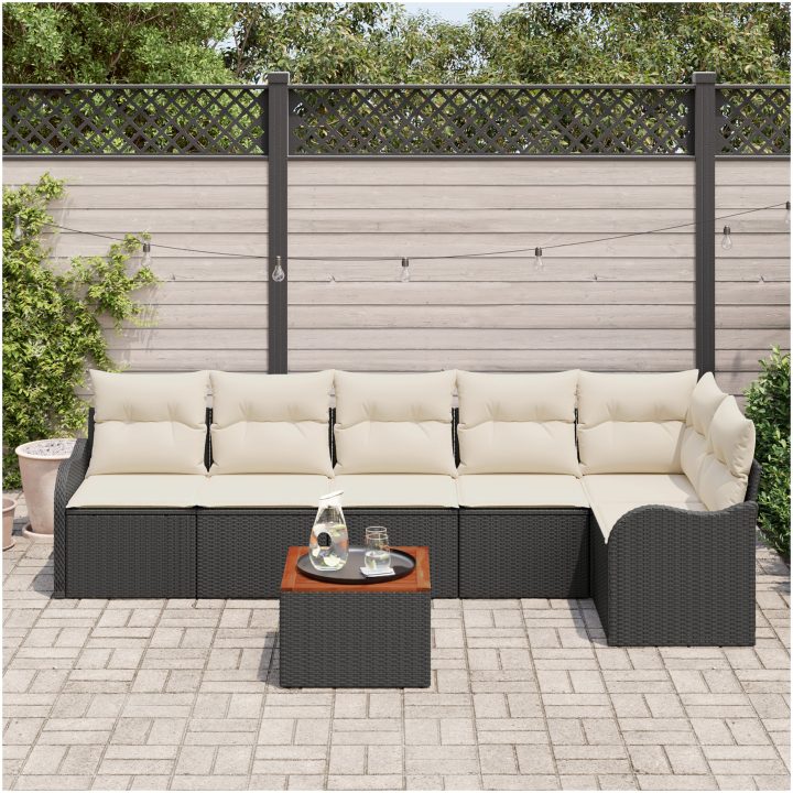 7 Delars Trädgårdsoff set med Kuddar Svart Poly Rattan Akacia vidaXL Stor – bild 3