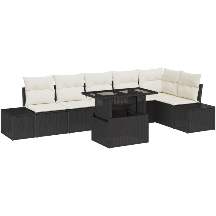 7-delars trädgårdsoff-set med kuddar - svart poly rattan vidaXL 100 x 55 x 73 cm – bild 2