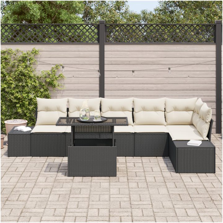 7-delars trädgårdsoff-set med kuddar - svart poly rattan vidaXL 100 x 55 x 73 cm – bild 3