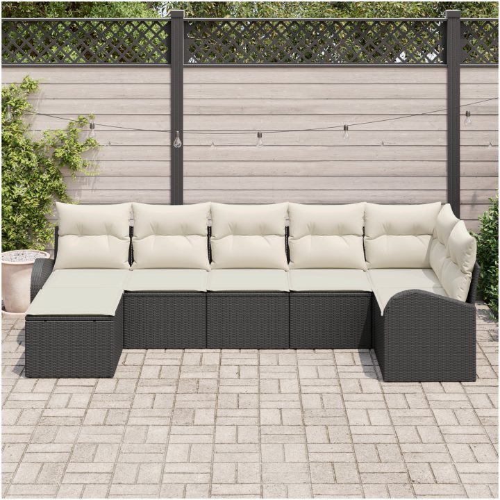 7-delars Trädgårdsoff Set med Kuddar Svart Poly Rattan vidaXL 289 x 124 x 85 cm – bild 3