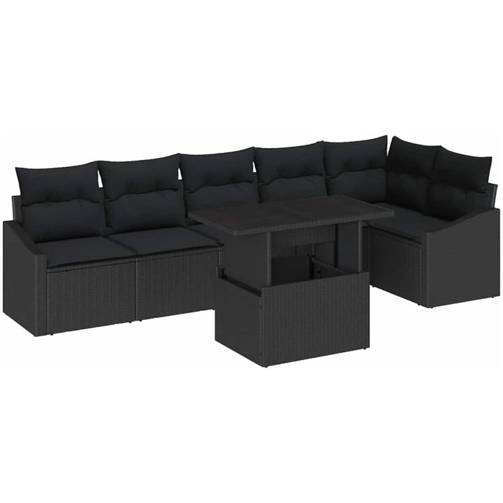 7 Delars Trädgårdsoff set med Kuddar Svart Poly Rese vidaXL 100 x 55 x 73 cm – bild 2