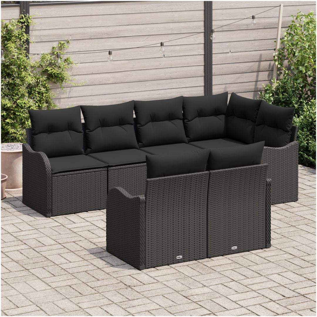 7-delars trädgårdsoff set med kuddar svart poly rotting vidaXL Stor – bild 3
