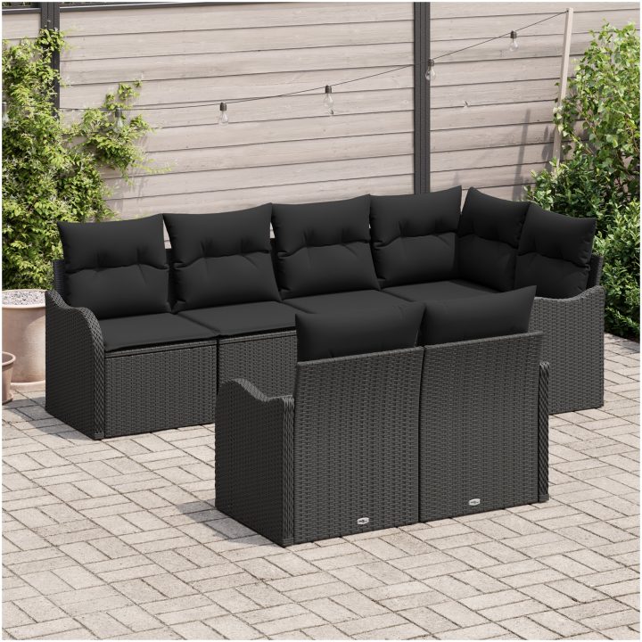 7-delars trädgårdsoff set med kuddar svart poly rotting vidaXL Stor – bild 3