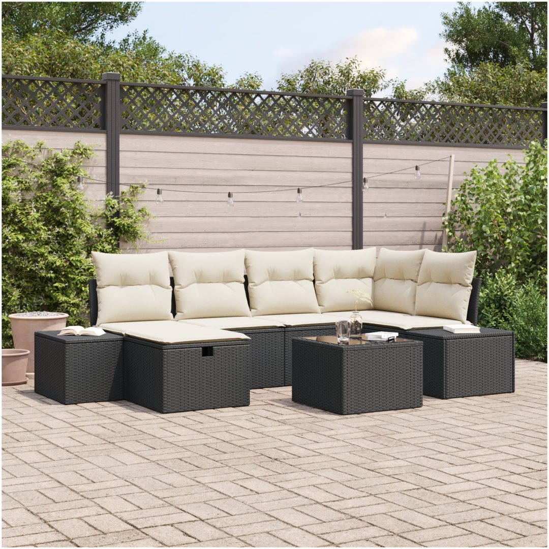 7-delars trädgårdsoff-set med kuddar svarta poly rattan vidaXL 55 x 62 x 69 cm