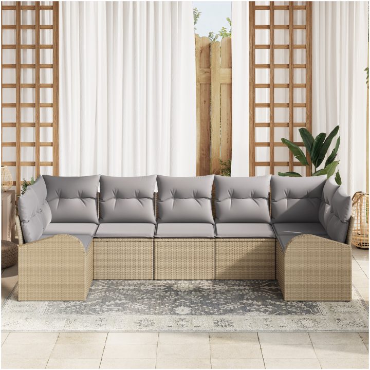 7-delars trädgårdsoff sets med kuddar Beige Poly Rattan vidaXL 289 x 124 x 85 cm – bild 3