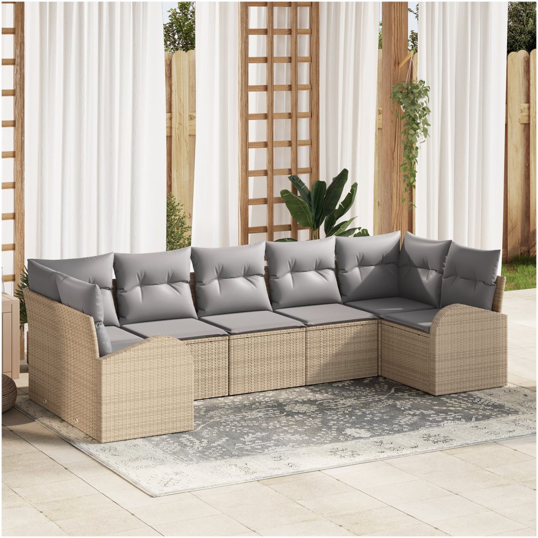7-delars trädgårdsoff sets med kuddar Beige Poly Rattan vidaXL 289 x 124 x 85 cm