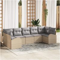 7-delars trädgårdsoff sets med kuddar Beige Poly Rattan vidaXL