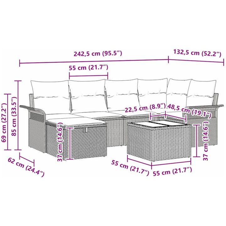 7-delars Trädgårdsoffa med Kuddar Beige Poly Rattan vidaXL 242.5 x 132.5 x 85 cm – bild 11