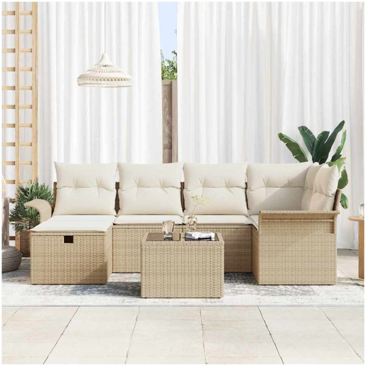 7-delars Trädgårdsoffa med Kuddar Beige Poly Rattan vidaXL 242.5 x 132.5 x 85 cm – bild 3