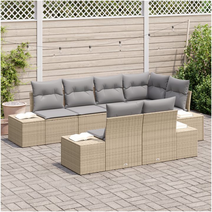 7-delars trädgårdsoffa med kuddar, beige poly-rattan vidaXL 264 x 154 x 85 cm – bild 3