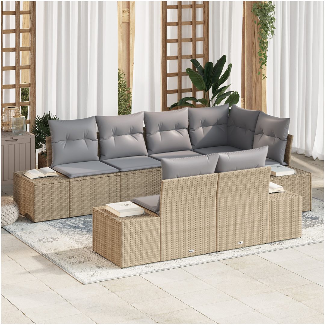 7-delars trädgårdsoffa med kuddar, beige poly-rattan vidaXL 264 x 154 x 85 cm