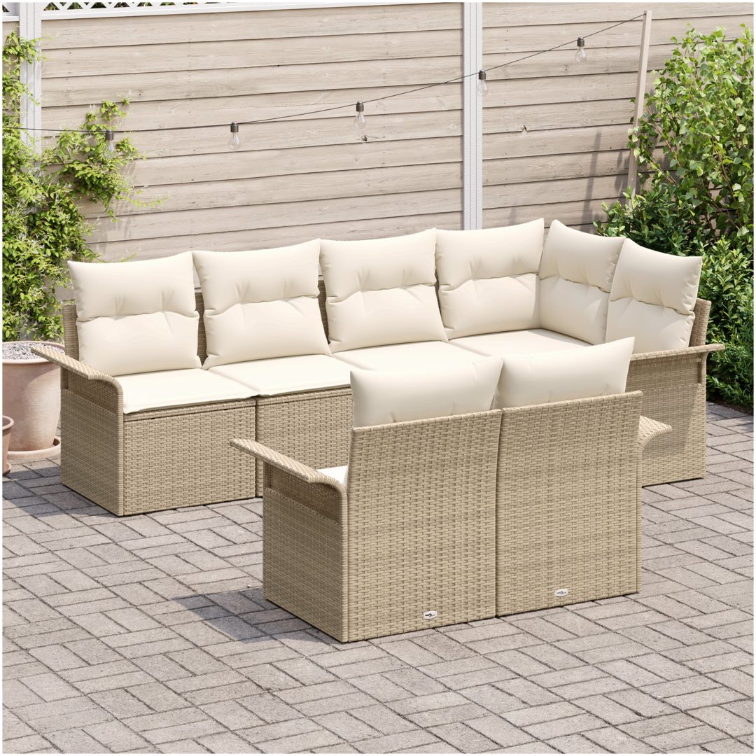 7-delars trädgårdsoffa med kuddar, beige polyrotting vidaXL 242.5 x 132.5 x 85 cm – bild 3