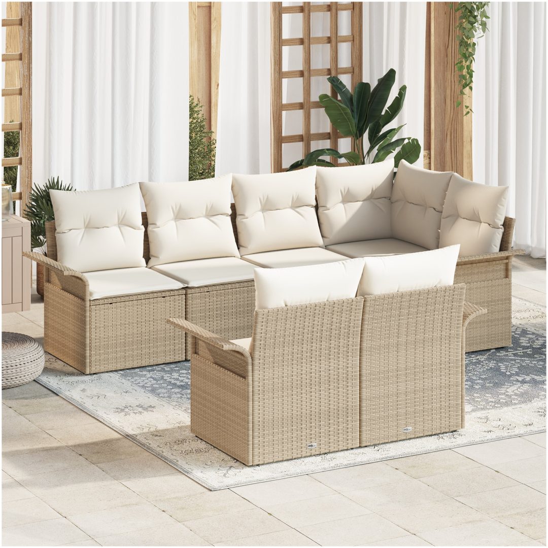 7-delars trädgårdsoffa med kuddar, beige polyrotting vidaXL 242.5 x 132.5 x 85 cm
