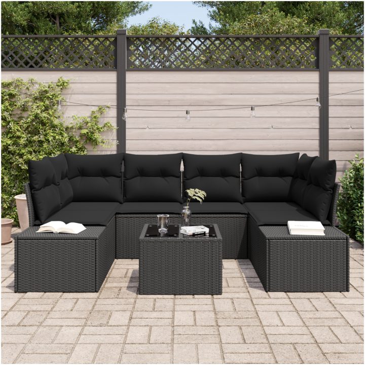 7-delars trädgårdsoffa-set med dynor svart poly-rotting vidaXL 55 x 55 x 37 cm – bild 3