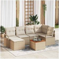 7 Delars Trädgårdsoffa Set med Kuddar Beige Poly Rattan Akacia vidaXL